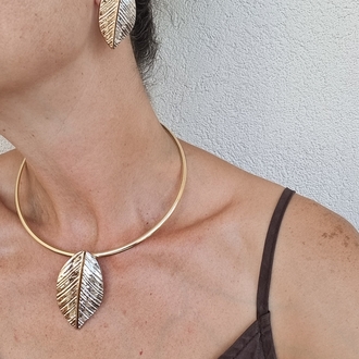 Yaprak gold gümüş çift renk kolye küpe set