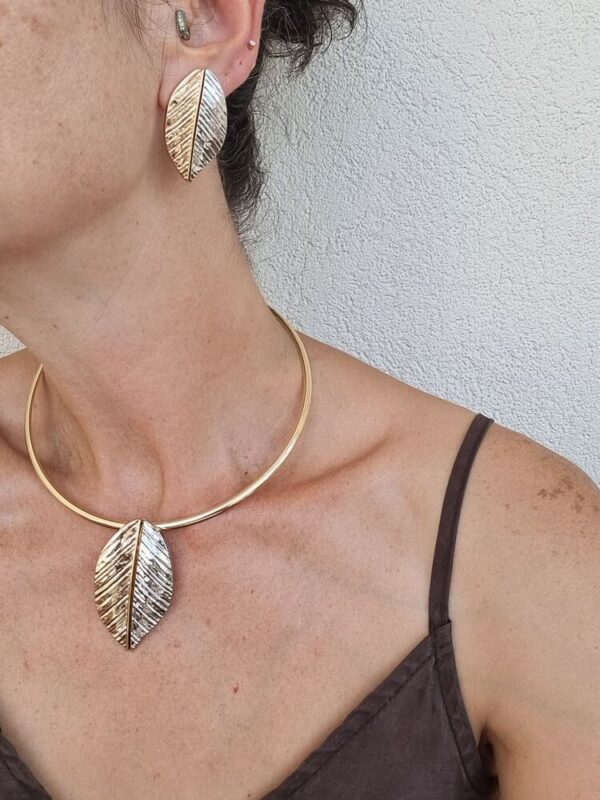 Yaprak gold gümüş çift renk kolye küpe set